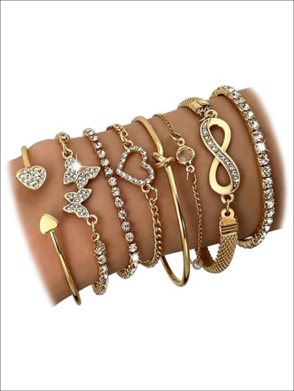 14K Gold Plated Stackable Bracelet Set Adjustable Bangle 8 Pcs Women
